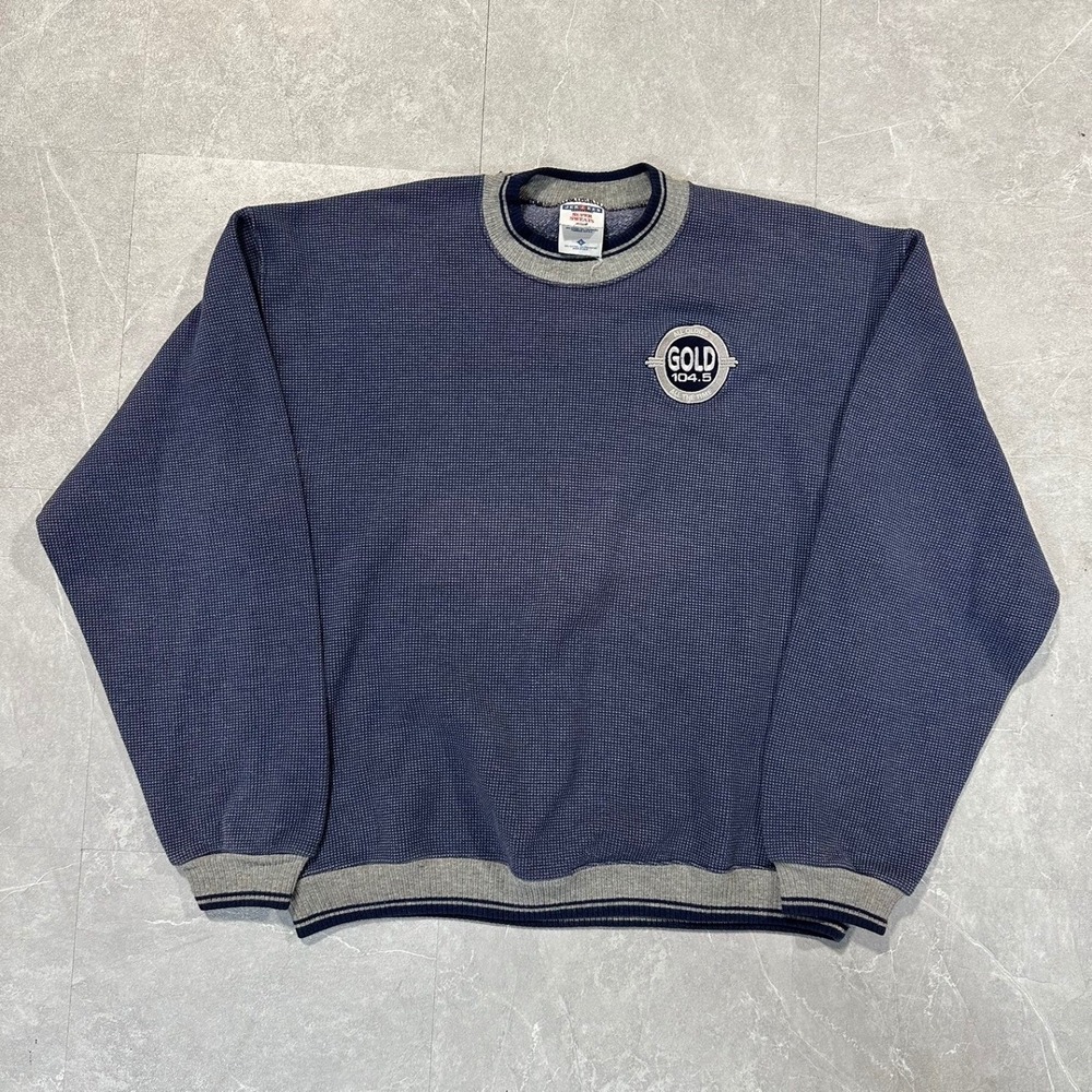 Vintage Jerzees Super Sweats Navy Blue Waffle Knit Sweatshirt Gold 104.5 Radio L